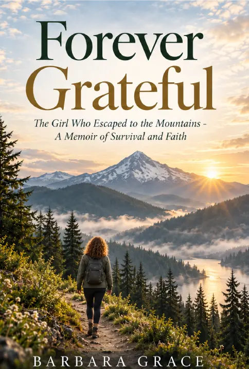 Forever Grateful book cover: a woman with a backpack walks a mountain trail toward the sunrise